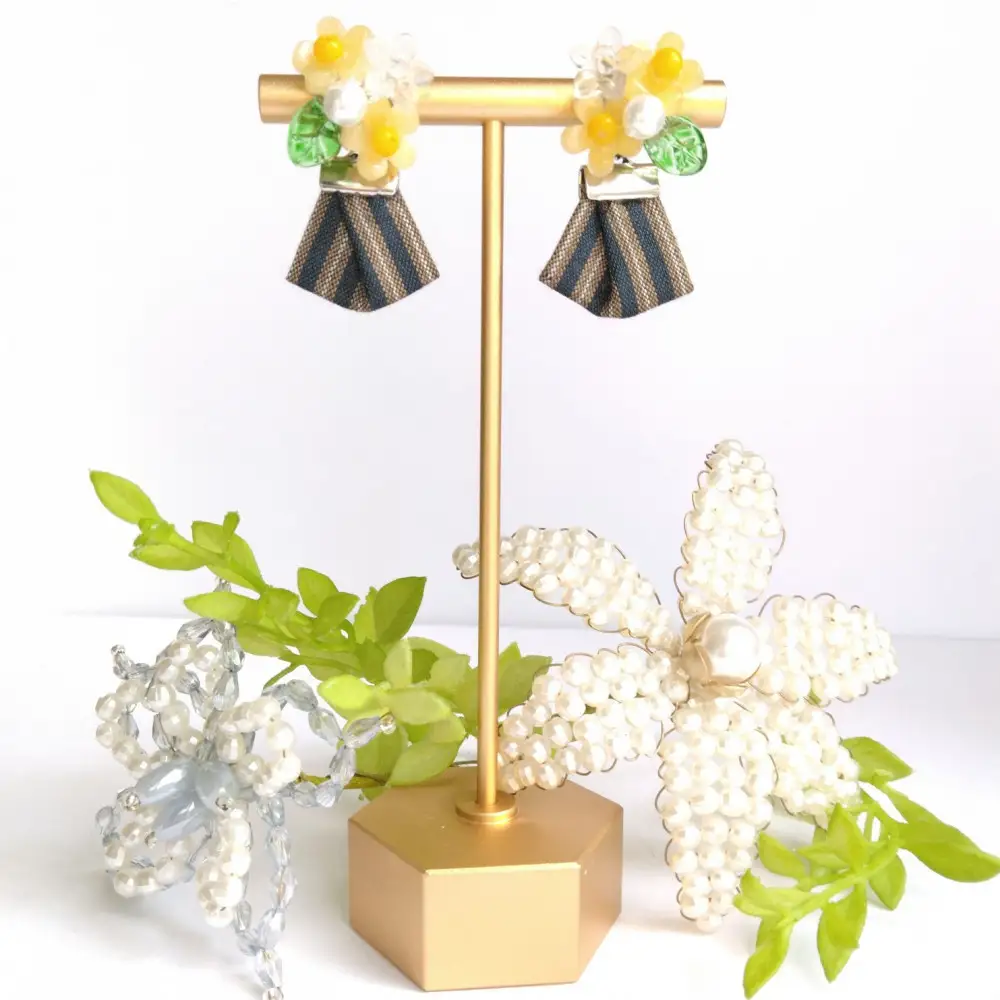 2way『和ピアス』川越唐桟　山吹の花　着物生地　ストライプ　江戸の粋　市の花　yamabuki