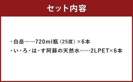 【2個口発送】球磨焼酎 と 阿蘇 の 天然水 の 水割り セット ！ 白岳 720ml×6本 ＋ い・ろ・は・す 阿蘇の天然水 2L×6本 計12本（16.32L）  お酒 酒 米焼酎 アルコール ミネラルウォーター 水 国産 熊本県 人吉市