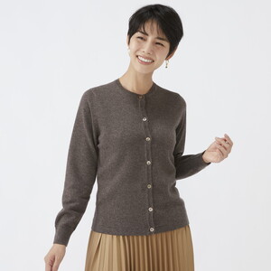 日本製 カシミヤ100% レディース クルーカーディガン モカブラウン 2Lサイズ