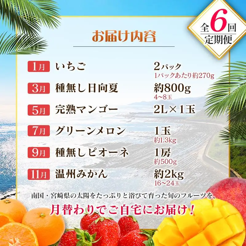 【奇数月 6回定期便】旬 人気 フルーツ 南国宮崎産 マンゴー ピオーネ いちご みかん メロン 日向夏 柑橘 ぶどう 果物 詰め合わせ 宮崎県 九州＜C-1コース M310＞
