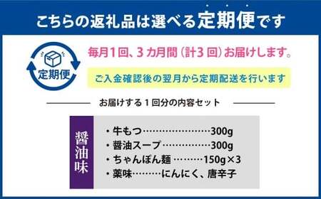 【3ヶ月定期便】 博多もつ鍋（醤油味） 3人前 1ヶ月毎 3回 牛もつ 牛小腸 牛肉 お肉 ちゃんぽん麺 チャンポン? 