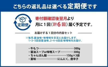 【6ヶ月定期便】 人気の博多もつ鍋 3人前 醤油味・味噌味を交互にお届け！  1ヶ月毎 6回 牛もつ 牛小腸 牛肉 お肉 ちゃんぽん麺 チャンポン? 