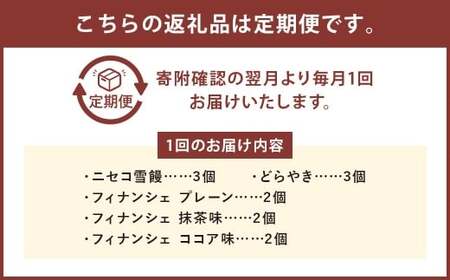 【3ヶ月定期便】 おかしのほりかわ 詰め合わせ セット 計12個 （ニセコ雪饅 ･ どらやき 各5個、フィナンシェ 3種 2個 （プレーン ・ 抹茶 ・ ココア） ） まんじゅう 饅頭 菓子 お菓子 和菓子 洋菓子 銘菓 お茶菓子 スイーツ 和洋菓子 焼き菓子 らんこし米 ななつぼし 大福豆 北海道 蘭越町 常温