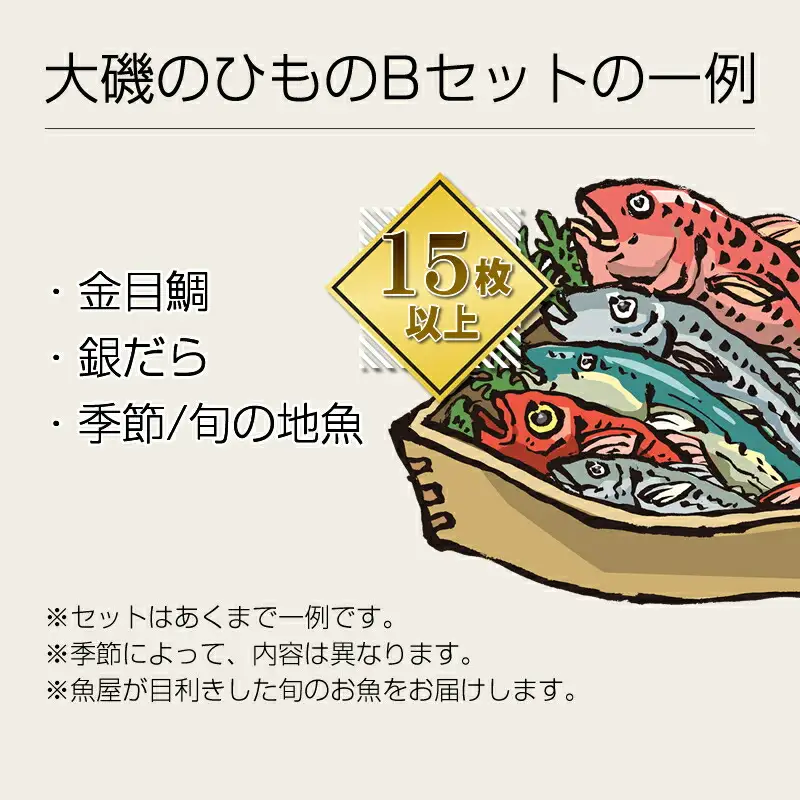 【定期便12か月】おおいその干物Bセット（15枚以上）／ 季節で変わる旬な訳あり品 【 ひもの 魚 天日干し 神奈川県 大磯 湘南 特産品 12回お届け 神奈川県 大磯町 自家製干物 贈答品 地魚 お歳暮・お中元】