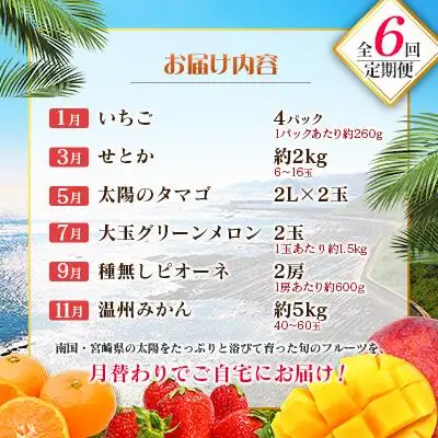 【奇数月 6回定期便】旬 人気 フルーツ 南国宮崎産 太陽のタマゴ ピオーネ いちご みかん メロン マンゴー 柑橘 ぶどう 果物 詰め合わせ 宮崎県 九州＜A-1コース M110＞