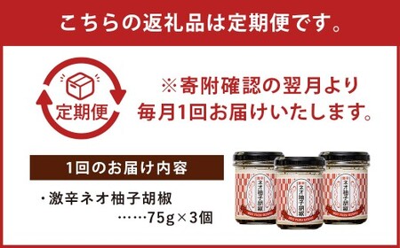 【6回定期便】 激辛ネオ柚子胡椒 3個セット 計18個（75g×3個×6回） ゆず胡椒 ゆずこしょう 胡椒 柚子 ゆず にんにく ごま油 青唐辛子 常温