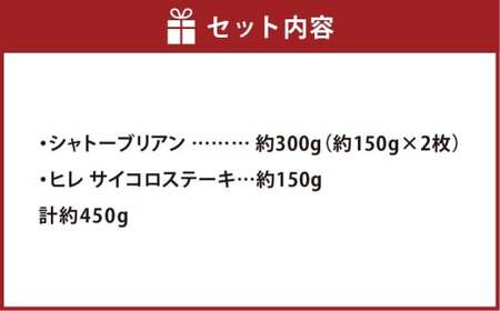 奈義和牛2つのヒレステーキ 約450g 肉 お肉 牛肉 牛 ヒレ ステーキ シャトーブリアン サイコロ サイコロステーキ 食べ比べ セット 冷凍 岡山県 倉敷市