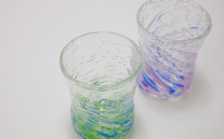 現代の名工「池宮城 善郎」作　気泡の海モールグラス（青緑・青ピンク）2個ペア 