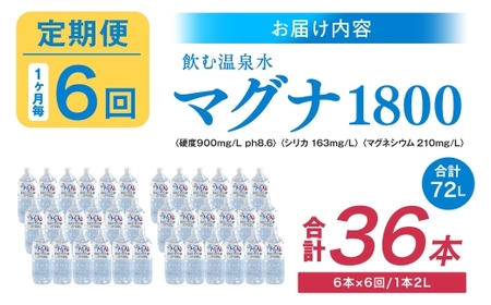 【定期便・6ヶ月連続】硬水ミネラルウォーター「マグナ1800」 2L×6本×6回 計72L
