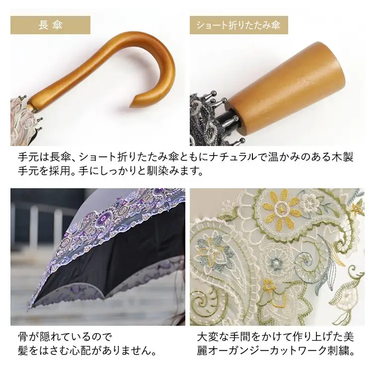 【シノワズリーモダン京都】女優日傘プレミアム ペイズリー更紗オーガンジー刺繍かわず張り長日傘 ブラック