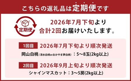 【2回定期便】 岡山白桃 （清水白orおかやま夢白桃） 5～8玉 （2kg以上） ＆ シャインマスカット 3～5房 （2kg以上） 【2026年7月下旬から順次発送予定】 ／ くだもの 果物 果実 フルーツ 桃 もも モモ 白桃 ピーチ ぶどう ブドウ 葡萄 マスカット 冷蔵 岡山県 美咲町