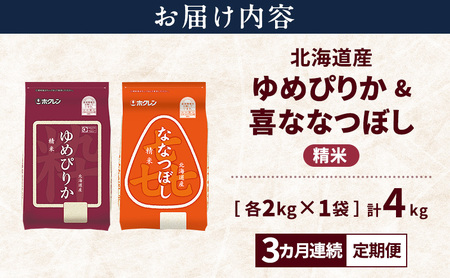 【3ヵ月連続定期便】北海道産 ゆめぴりか ななつぼし 食べ比べセット 精米 各2kg 合計4kg 米 特A 獲得 白米 ごはん 定期便 定期配送 3ヵ月 道産米 ブランド米 4キロ お米 ご飯 米 北海道米 JAふらの ホクレン ホクレン米 送料無料 北海道 富良野市