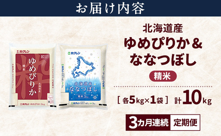 【3ヵ月連続定期便】北海道産 ゆめぴりか ななつぼし 食べ比べセット 精米 各5kg 合計10kg 米 特A 獲得 白米 ごはん 定期便 定期配送 3ヵ月 道産米 ブランド米 10キロ お米 ご飯 米 北海道米 JAふらの ホクレン ホクレン米 送料無料 北海道 富良野市