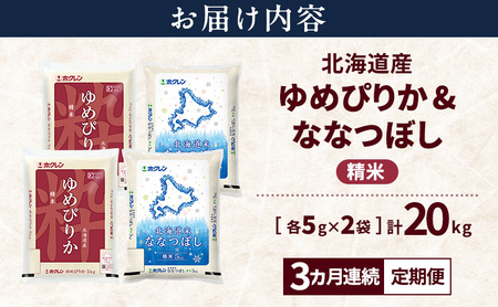 【3ヵ月連続定期便】北海道産 ゆめぴりか ななつぼし 食べ比べセット 精米 各10kg 合計20kg 米 特A 獲得 白米 ごはん 定期便 定期配送 3ヵ月 道産米 ブランド米 20キロ お米 ご飯 米 北海道米 JAふらの ホクレン ホクレン米 送料無料 北海道 富良野市