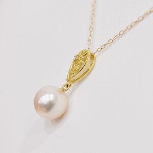 S101-474_あこや真珠 天草 ネックレス ペンダント ダイヤモンド 0.01ct 8mm - 8.5mm ホワイトピンク K18 K14 ドロップ