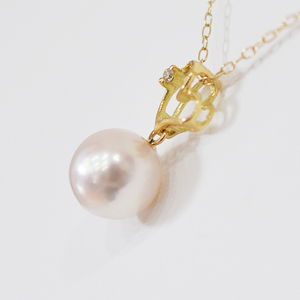 S101-483_あこや真珠 天草 ネックレス ペンダント ダイヤモンド 0.01ct 8mm - 8.5mm ホワイトピンク 真珠 K18 ハート
