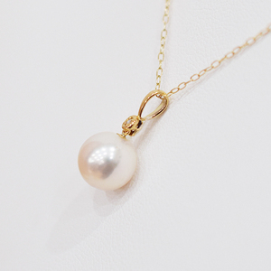 S101-498_あこや真珠 天草 ネックレス ペンダント ダイヤモンド 0.01ct 8mm - 8.5mm ホワイトピンク 真珠 K18 K14