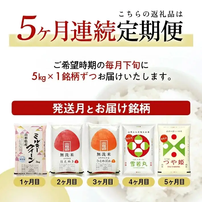 ≪新米予約≫(11月～3月) ≪5ヶ月定期便≫ 無洗米 5銘柄食べ比べセット 各5kg 5ヶ月連続 計25kg 令和8年産 ミルキークイーン はえぬき ひとめぼれ 雪若丸 つや姫 山形県産 毎月下旬にお届け 東北 山形県 遊佐町 庄内地方 白米 連続定期便 [1529T12]