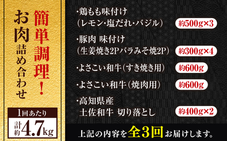 【3回定期便】簡単調理! お肉の詰め合わせ 総計約14.1kg 牛肉 鶏肉 豚肉 国産 小分け 食べ比べ 【(有)山重食肉】[ATAP192]