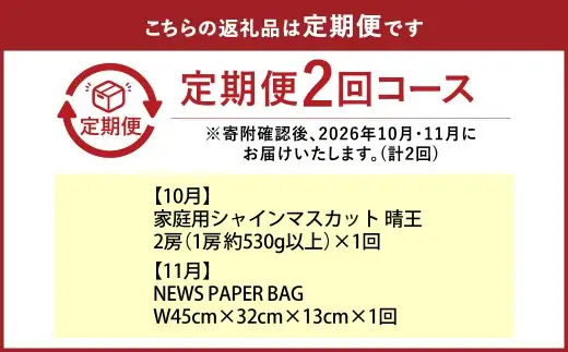 【全2回定期便】 家庭用 シャインマスカット 晴王 2房（1房約530g以上）＋ NEWS PAPER BAG（Hickory） フルーツ 果物 ブドウ ぶどう 葡萄 シャインマスカット マスカット 国産 ギフト 贈答 【2026年10月・11月発送予定】