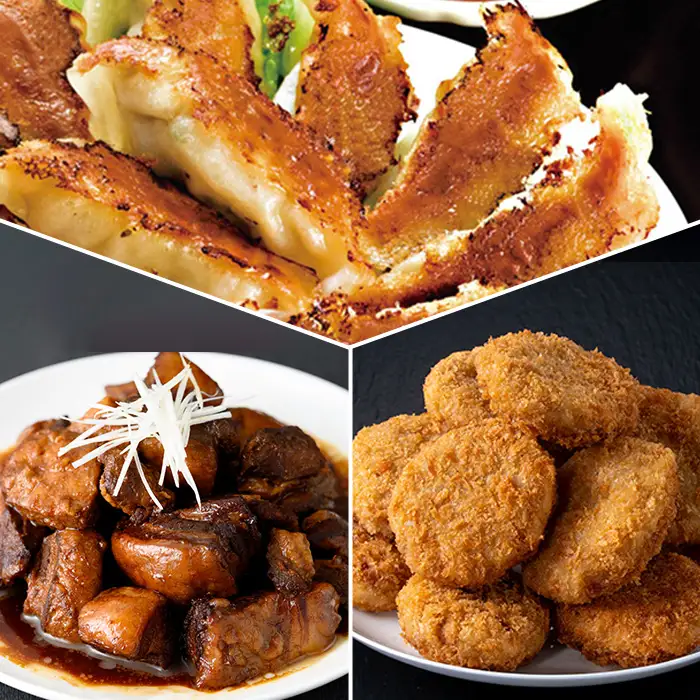 【3か月定期便】鹿児島協同食品バラエティ定期便 鹿児島黒豚生餃子 合計144個（12個×12P）茶美豚の角煮 1kg（250g×4P）茶美豚メンチカツ 2.7kg（90g×30個）を3回に分けてお届け【00-008-32-TK】