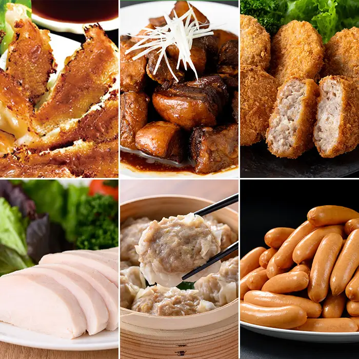 【6か月定期便】鹿児島協同食品バラエティ定期便 鹿児島黒豚生餃子 合計144個（12個×12P）茶美豚の角煮 1kg（250g×4P）茶美豚メンチカツ 2.7kg（90g×30個）サラダチキン約1.4kg（3種×80g×6P）鹿児島県産豚肉使用焼売 48個（24個×2P）茶美豚ウインナー大粒 約1.9kg（215g×9P）を6回に分けてお届け【00-008-33-TK】