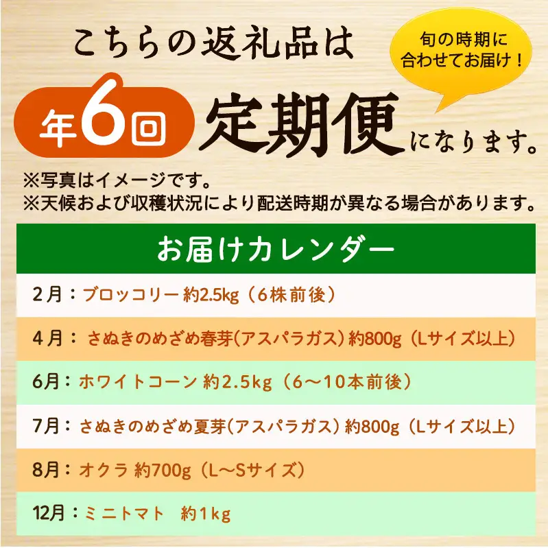 旬のさぬきの野菜定期便（6回）　野菜 定期便 旬 新鮮 食べごろ 季節 ブロッコリー アスパラ ホワイトコーン オクラ ミニトマト 香川県 東かがわ市