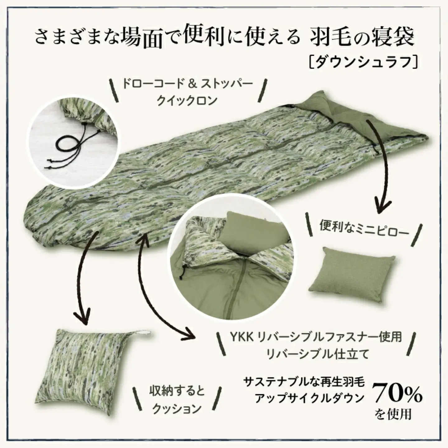 【富士新幸謹製】「サステナブルな羽毛」3WAY 寝袋クッション［ルオラ］アップサイクルダウン