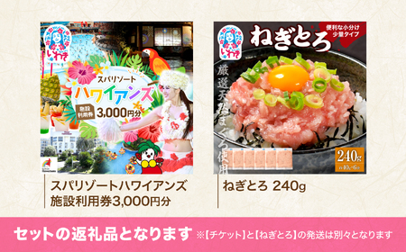 スパリゾートハワイアンズ　施設利用券3,000円分＋訳アリ 福島製造 ねぎとろ使い切りパック 約240g（約40g×6パック） | 利用チケット 入場券 ホテルハワイアンズ モノリスタワー ウイルポート フラダンス プール スパ 福島県 いわき市 マウナヴィレッジ ゴルフコース まぐろたたき ねぎとろ マグロ パーティー 使い切りパック 海鮮丼 お寿司 軍艦巻き | ZZ020