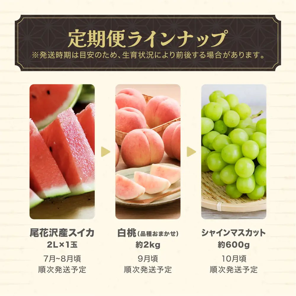 【ふるなびWEEK対象】フルーツ定期便 全3回 スイカ もも シャインマスカット 令和8年産  sb-ftshb3-b