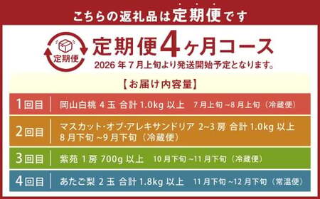 【4回定期便】 フルーツ 2026年 先行予約 4回お届け便！ 環山堂セレクト 晴れの国 おかやま より 果物 を旬な時期に4回に分けてお届け！ 【2026年7月上旬～12月下旬 発送予定】 岡山県産 桃 もも 葡萄 ぶどう 梨 なし 果物 お取り寄せ 贈り物 ギフト 国産