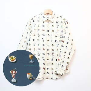 CLOFT 綿100％長袖オリジナルプリントシャツ”憩い”喫茶店柄（C/#11オフホワイト） M 0139-020-S07-1
