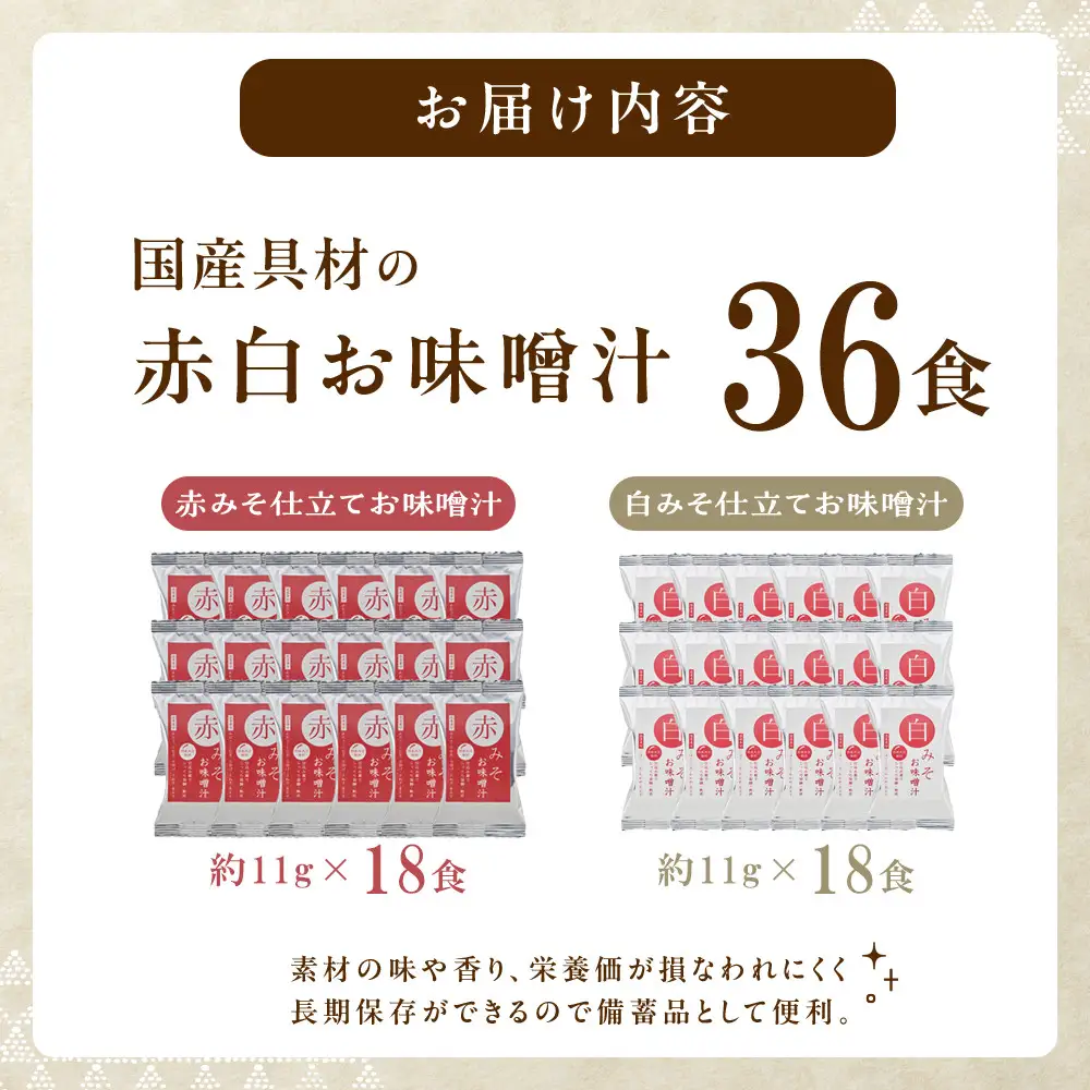 国産具材の赤白お味噌汁（フリーズドライ）36食 [AJ09]