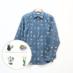 CLOFT 綿100％長袖オリジナルプリントシャツ”憩い”喫茶店柄（C/#17ダークネイビー） XL 0139-020-S07-6