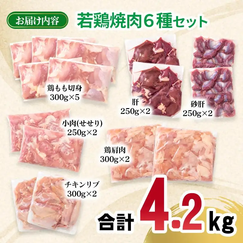 宮崎県産若鶏 6種 合計4.2kg 小分け もも肉 砂肝 手羽中ハーフ等々6種 小分け 15パック＜70-11a＞