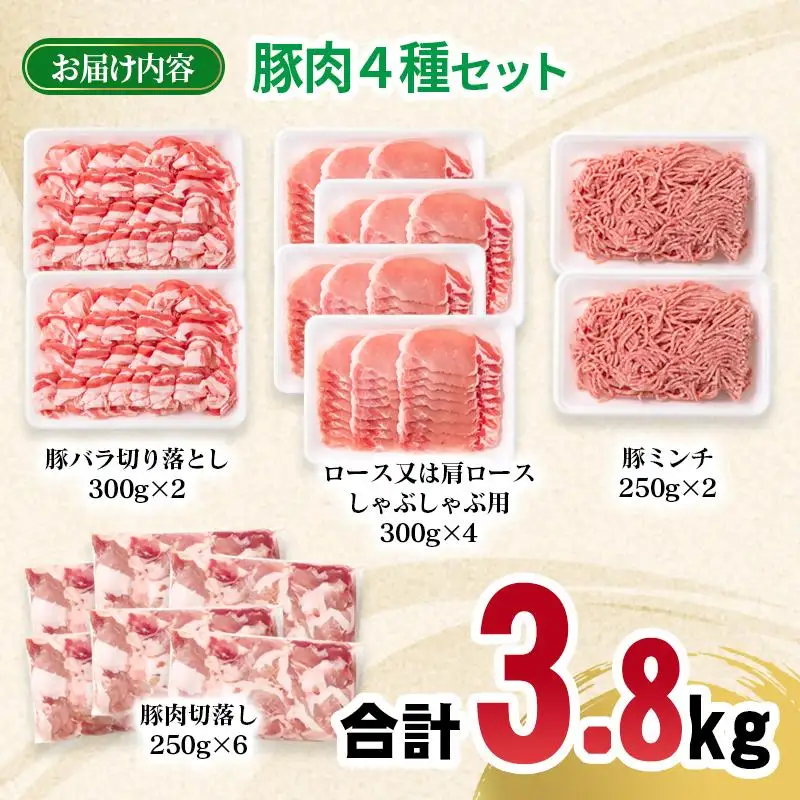 宮崎県産豚肉 4種 合計3.8kgセット 小分け 14パック バラ切り落とし ロース 切り落とし ミンチ＜70-27a＞