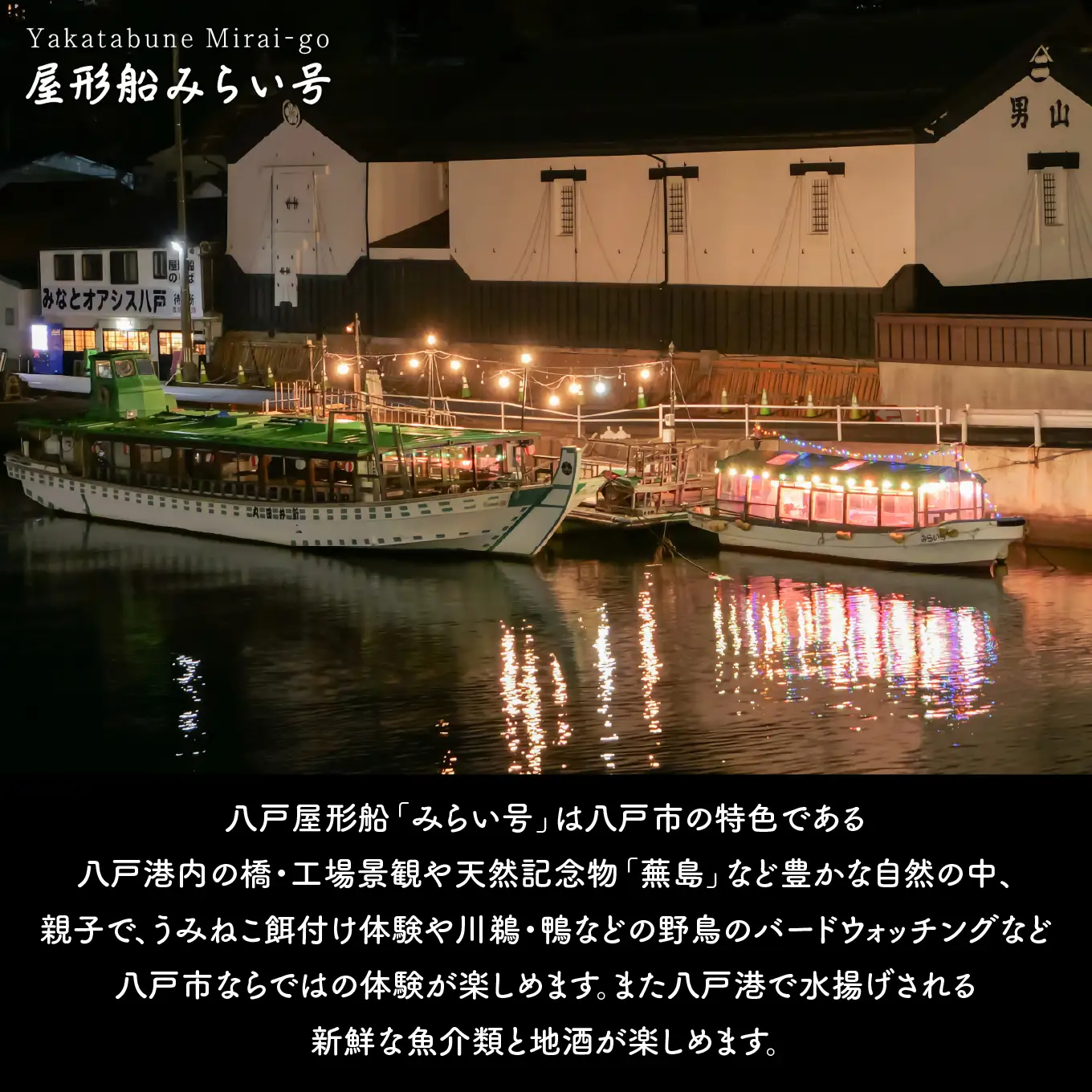 みなとオアシス八戸 ＜青森県で唯一の屋形船＞ 八戸港内工場夜景＆ディナー・クルーズ 【お料理：豪華料理プラン、夜】 チケット ４名分 新鮮魚介類 うみねこ餌付け体験 バードウォッチング 青森県 八戸市