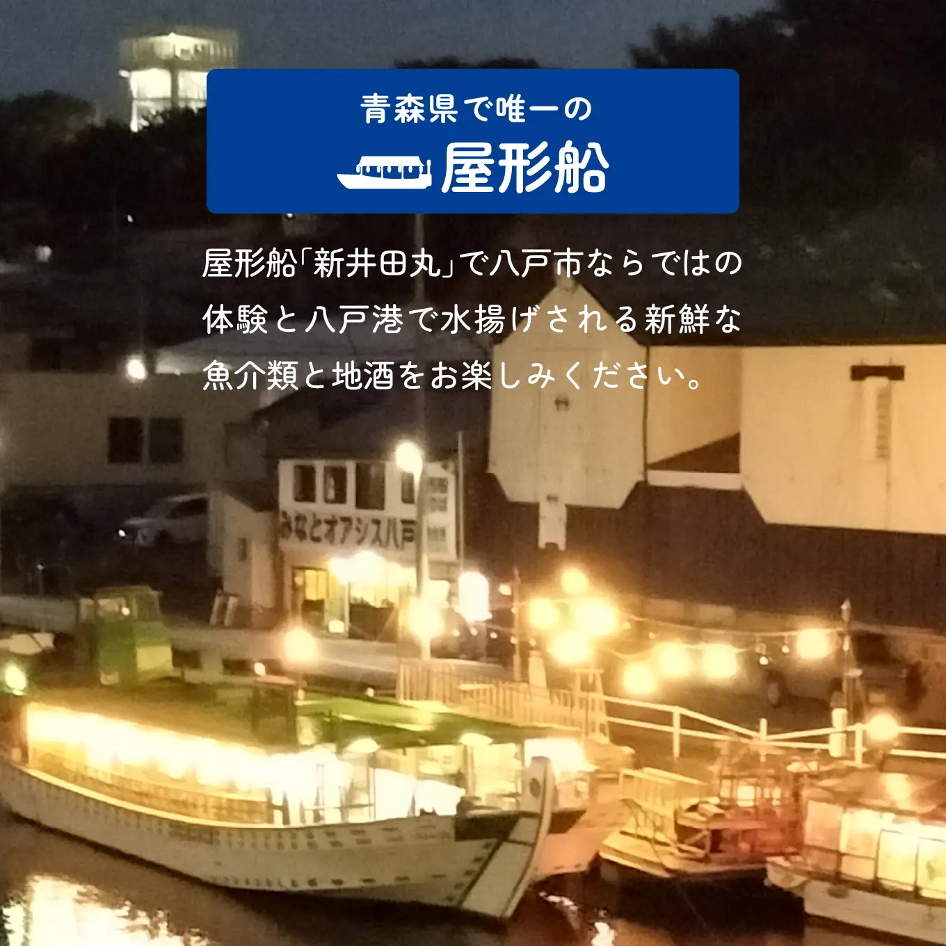 ブルーカンパニー 新井田丸 ＜青森県で唯一の屋形船＞  八戸港内工場夜景＆ディナー・クルーズ【お料理：松プラン、夜】 チケット 20名分 新鮮魚介類と地酒  御膳料理 刺身船盛 飲み放題付き 青森県 八戸市