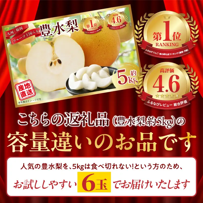 九州・福岡フルーツ王国八女 産地直送！梨(豊水）6玉｜＜配送不可：北海道・沖縄・離島＞ なし ナシ 果物 果実 フルーツ 先行予約 デザート 旬 新鮮 甘い 甘み ジューシー みずみずしい 果汁 国産 お試し 季節限定 冷蔵配送 秋の味覚 福岡県 八女市 072-342