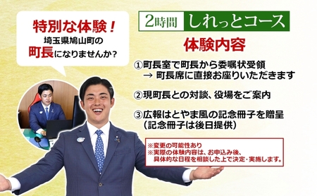 埼玉県鳩山町 町長体験 2時間 しれっとコース チケット 町長 就任体験 体験型 イベント 町長室 町内観光 まちづくり 埼玉県 鳩山町