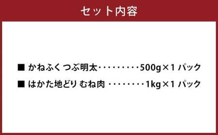 はかた地どりむね肉1kg・つぶ明太500g むね肉 鶏肉 お肉 つぶ明太 明太子 卵 海鮮 魚介類 セット 冷凍 福岡県 糸田町