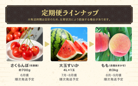 先行予約 全6回 フルーツ定期便 さくらんぼ 佐藤錦 尾花沢すいか もも シャインマスカット ラ・フランス りんご 令和8年産 ja-ft6xx-b