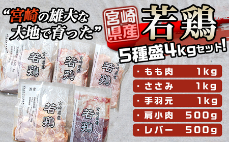 【父の日】宮崎県産若鶏 5種盛4kgセット≪6月18日～21日お届け≫〔AA-G302-FG〕_(都城市) 鶏肉 モモ ささみ 手羽元 各1kg 肩小肉 レバー 各500g 冷凍