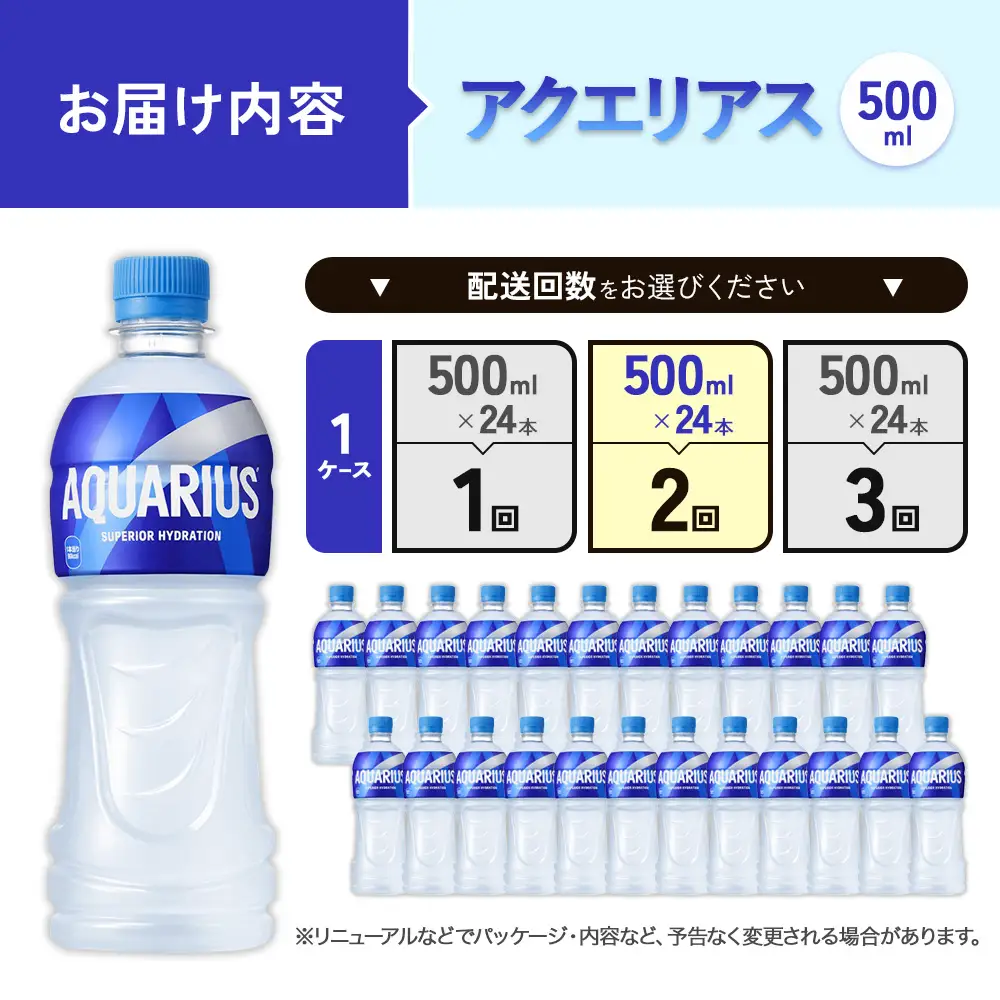 【2回定期便】アクエリアス 500ml PET × 24本 1ケース 毎月 2回 AQUARIUS スポーツドリンク スポーツ飲料 ペットボトル 熱中症対策 水分補給 コカ・コーラ Coca-Cola 運動 送料無料