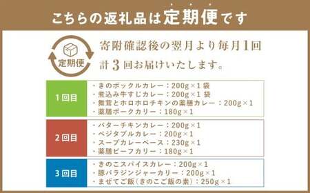 カラダ想いのスパイスカレープラスワン（カレー4種×2回、カレー２種ときのこご飯の素１種2袋×1回）毎月【3回定期便】 きのポックルカレー まぜてご飯 豚バラジンジャーカリー きのこスパイスカレー 薬膳ビーフカリー スープカレーベース ベジタブルカレー バターチキンカレー 薬膳ポークカリー 煮込み牛すじカレー 舞茸とホロホロチキンの薬膳カレー スパイスカレー カレー カレーライス 3回 定期便