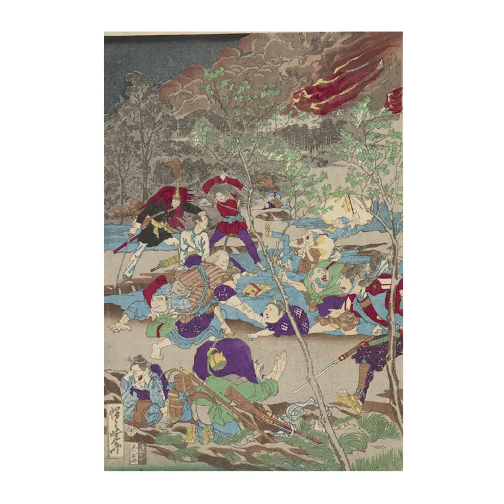 オリジナル【レプリカ浮世絵（3枚絵）河鍋暁斎作「明治元戊辰年五月十五日 東台戦争落去之図」】／名古屋刀剣博物館