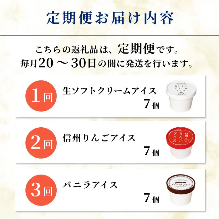 全3回〈翌月から発送開始〉NEWフレーバーが入った！3種類のアイス定期便☆ 南信州根羽村産アイス が毎月7個届く！ 合計21個 アイス アイスクリーム ソフトクリーム バニラアイス りんご 果物 ジャム 長野県 根羽村 ソフトクリーム スイーツ