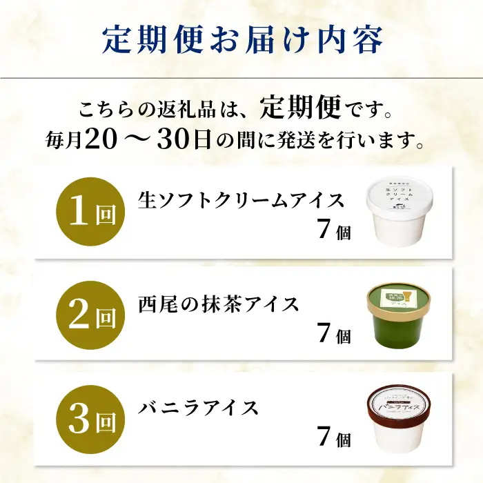 全3回〈翌月から発送開始〉3種類のアイス定期便☆ 南信州根羽村産アイス が毎月7個届く！ 合計21個 アイスクリーム 生ソフトクリームアイス バニラアイス 西尾の抹茶アイス 抹茶 ミルク ソフトクリーム スイーツ デザート