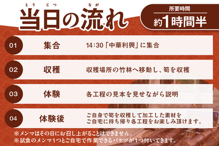 【中華利興】メンマ作り教室 体験チケット 1名分 メンマ 筍 タケノコ メンマ作り 竹 収穫 体験 教室 親子体験 愛知県 知多市