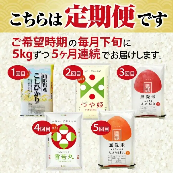 ≪新米予約≫(11月～3月) ≪5ヶ月定期便≫ 無洗米 5銘柄食べ比べセット 各5kg 5ヶ月連続 計25kg 令和8年産 コシヒカリ つや姫 はえぬき 雪若丸 ひとめぼれ 山形県産 毎月下旬にお届け 東北 山形県 遊佐町 庄内地方 精米 白米 連続定期便 小分け [1528T11]